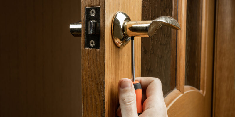 Handyman,Fixing,Or,Repairing,Apartment,Wooden,Door,Lock.,Home,Furniture